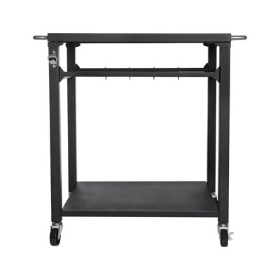 Chariot de barbecue extérieur noir, équipé de roues verrouillables et de crochets porte-ustensiles, idéal pour recevoir. Structure en acier, polyvalente, servant également de table de préparation pour barbecue ou de support pour four à pizza. Mobilité optimale.
