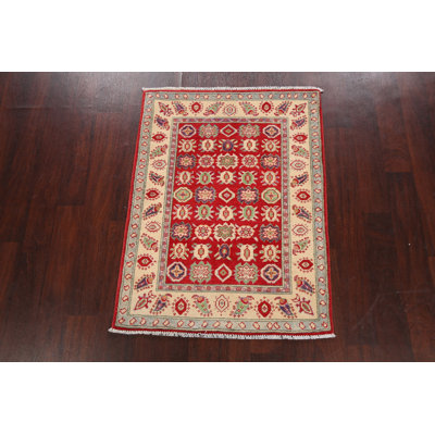 Tapis rouge / ivoire en laine noué à la main de conception unique 2 pi 10 po x 3 pi 10 po New Age