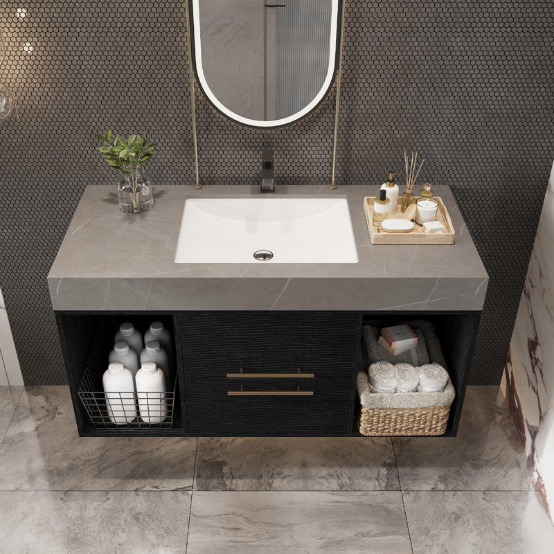 Meuble-lavabo de salle de bain avec comptoir en faux marbre, lavabo en céramique
