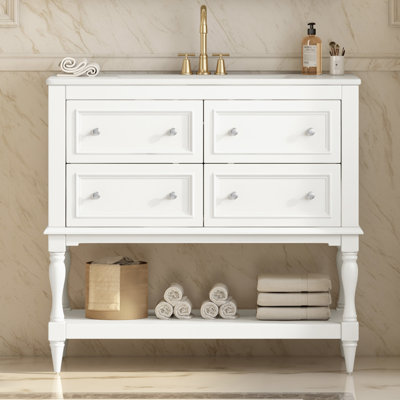 36" Solid Wood Frame Bathroom Vanity Cabinet With Sink Combo Set, 4 Drawers And  A Open Shelf