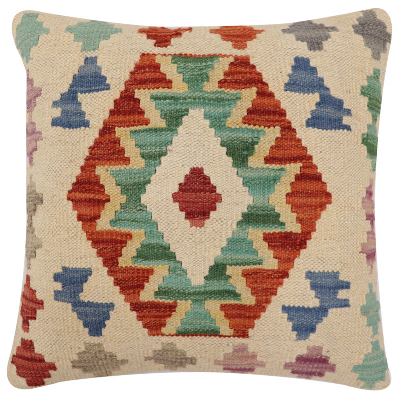 Oreiller rustique en kilim tissé à la main Caballer - 17 po x 18 po Rustic, H 17 po x l 18 po, Beige / rouille / bleu / gris