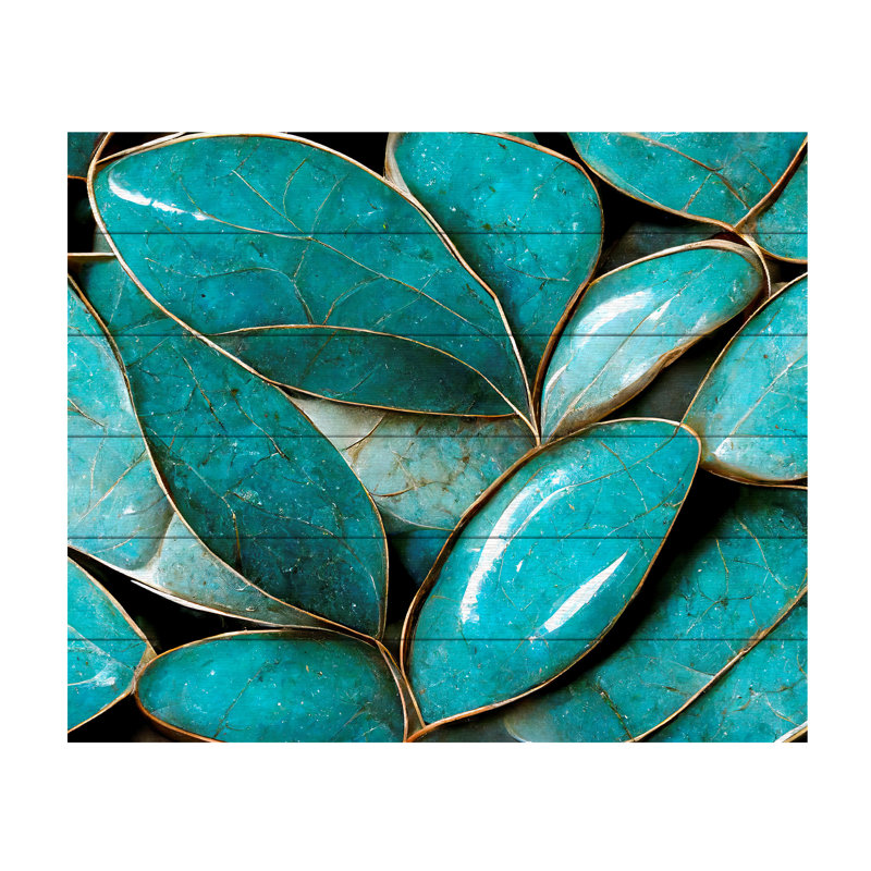 Feuilles turquoise sur bois, H 18 po x l 22 po