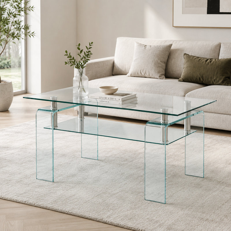 Table basse moderne à 2 niveaux en verre - Table d'appoint en acrylique transparent et chrome pour le salon, Clair