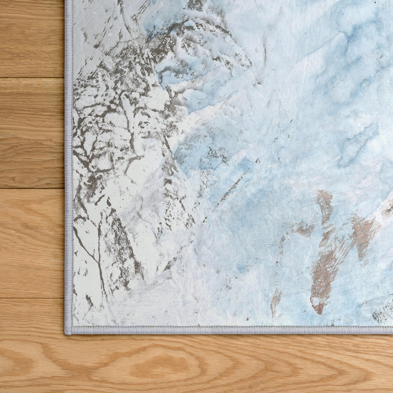 Inky Flower II Washable Blue Art Area Rug size 8'x10', Heavenly Softness with Non-Slipping Backing