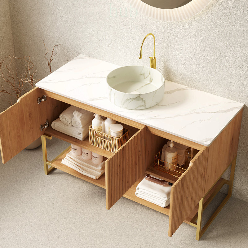 Meuble-lavabo autoportant de 48 pouces avec 3 portes, tablette ouverte, vasque en céramique et comptoir en pierre frittée Carrara