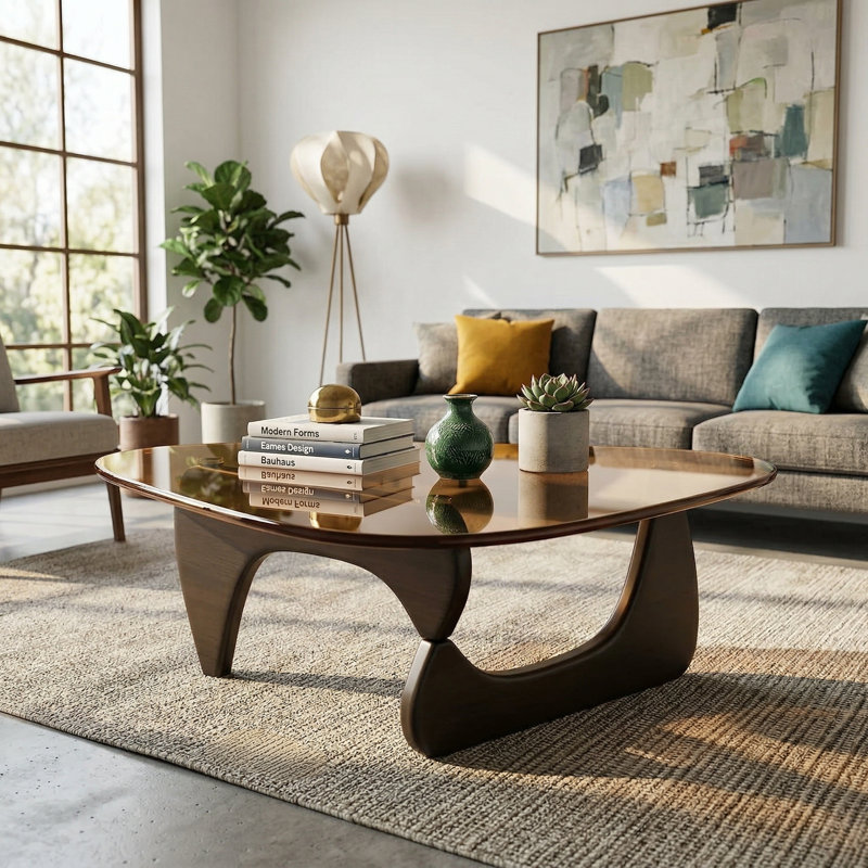 Table basse Mid-Century moderne pour salon, plateau en verre et centre de table en bois, brun noir, Brun, Noir