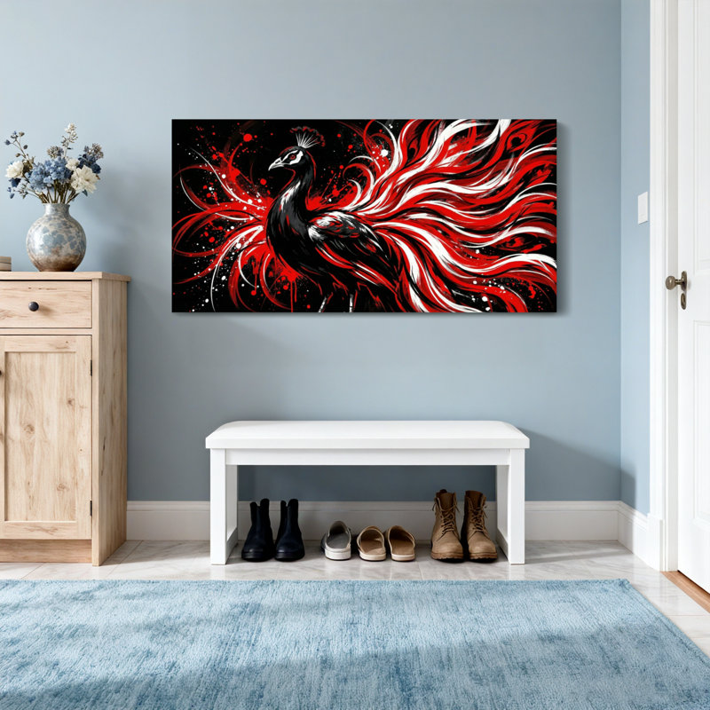 Animaux, paon noir avec plumes rouges et blanches, H 28 po x l 58 po
