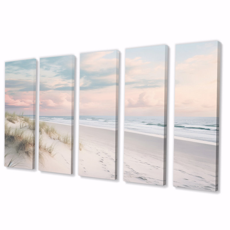 Plage sereine douce rose pastel lever de soleil IV - décoration murale plage - 5 panneaux égaux