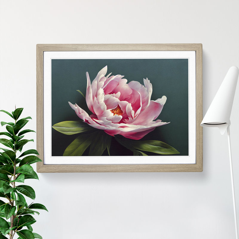 Stupendous Peony Flower - Single Picture Frame Print, 46cm H x 64cm W x 2cm D, Oak