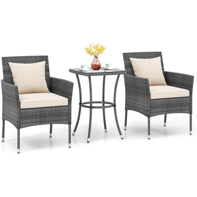 PE Rattan Patio Conversation Set – Outdoor Wicker Bistro With Glass Table And Cushions, Off White