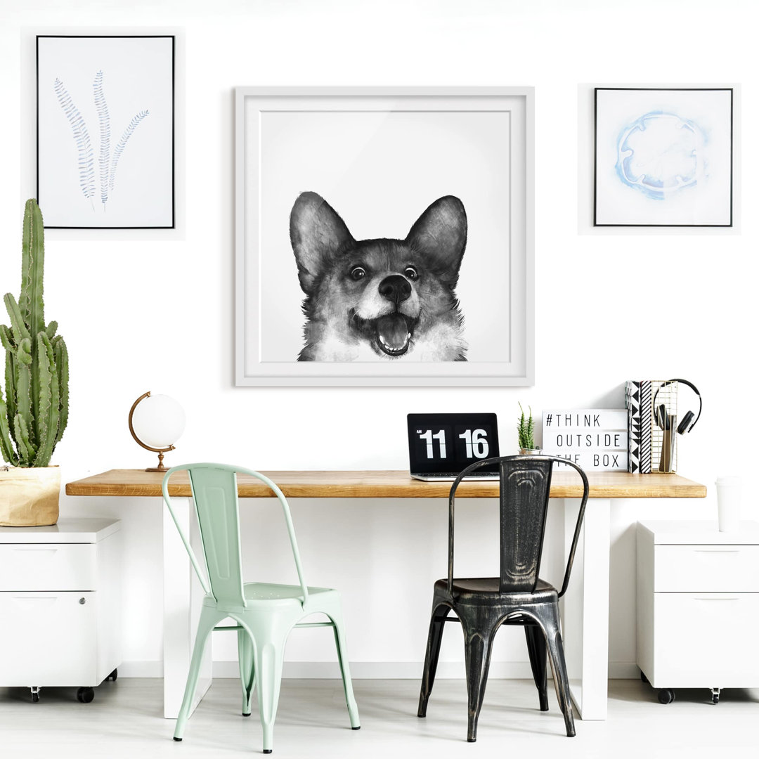 Gerahmtes Poster Illustration Hund Corgi Weiß Schwarz