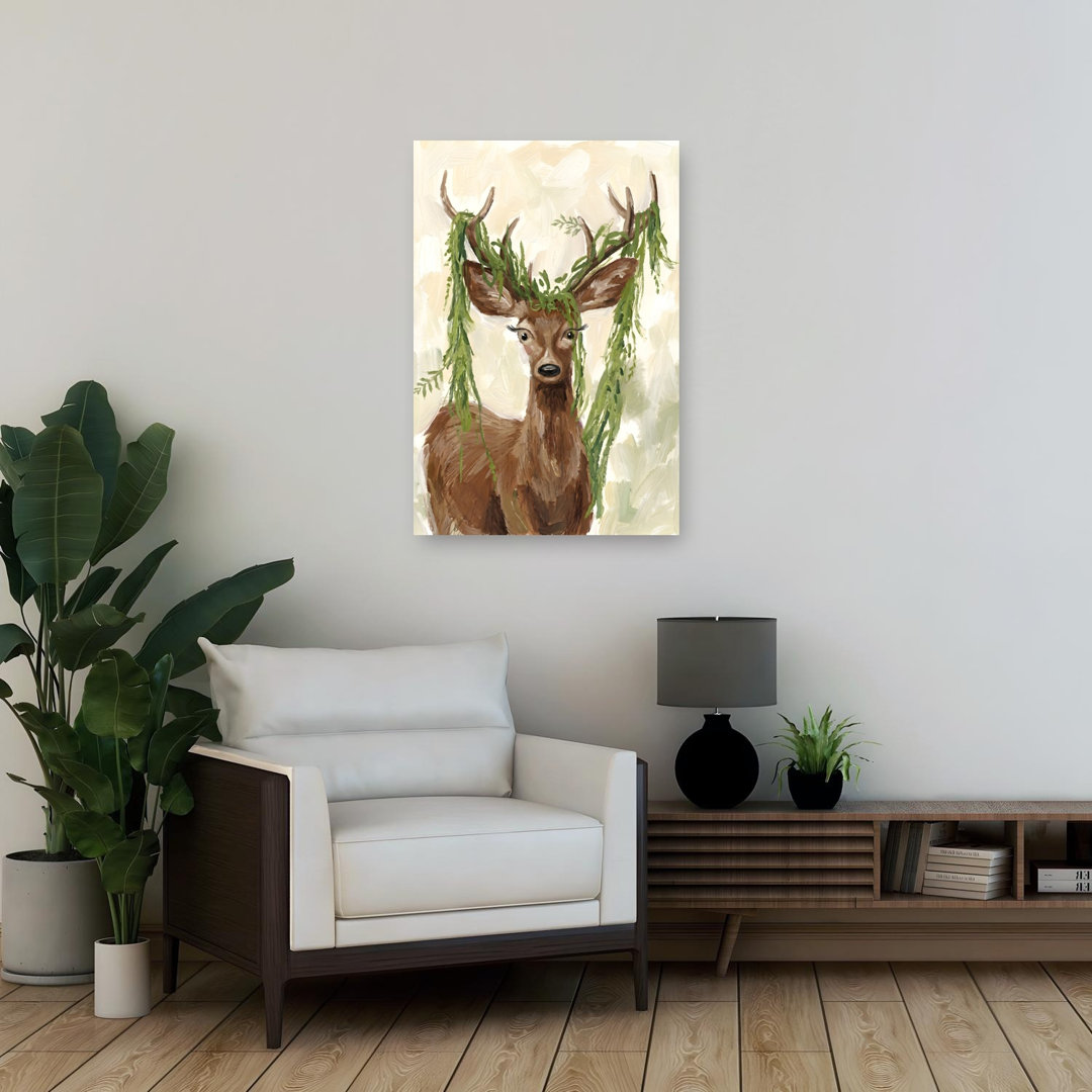 Deer With Maple Leaves Contemporary Bear Deer Dog Forest Wall Art Print