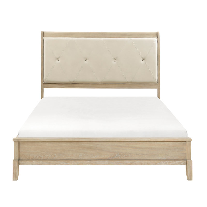 Cadre de grand lit beige avec tête de lit tapissier en similicuir de style classique et rails pour la chambre à coucher