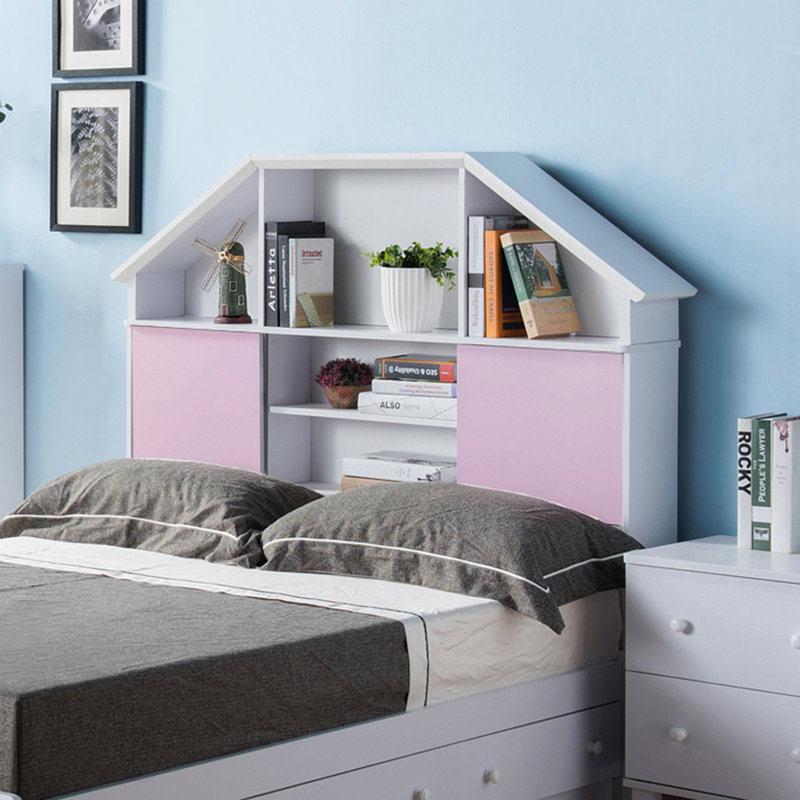 Full Size Bookcase Headboard Free Standing Tall Storage Two Sliding Pink Doors With Seven Cubby Shelves White