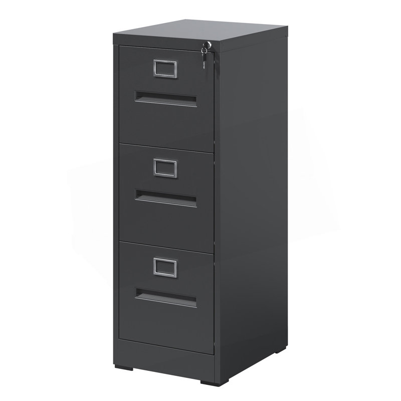 3 Drawer File Cabinet With Lock, Metal Vertical File Cabinet, A4 Legal/Letter Size Narrow File Cabinet Locked, Black