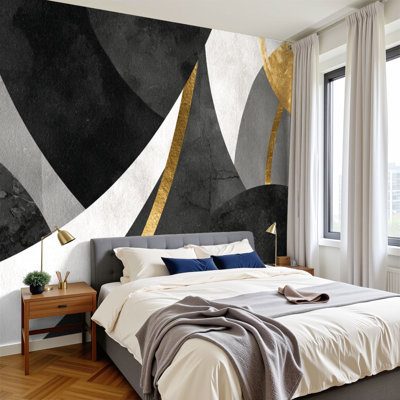 Peel and Stick Wallpaper Abstract Modern Black White Gold Flowing White Curves Golden Linear Wall Murals 100"H x 144"W Removable PVC Wall Paper Self-Adhesive Wall Decor for Bedroom Living Room Home Office