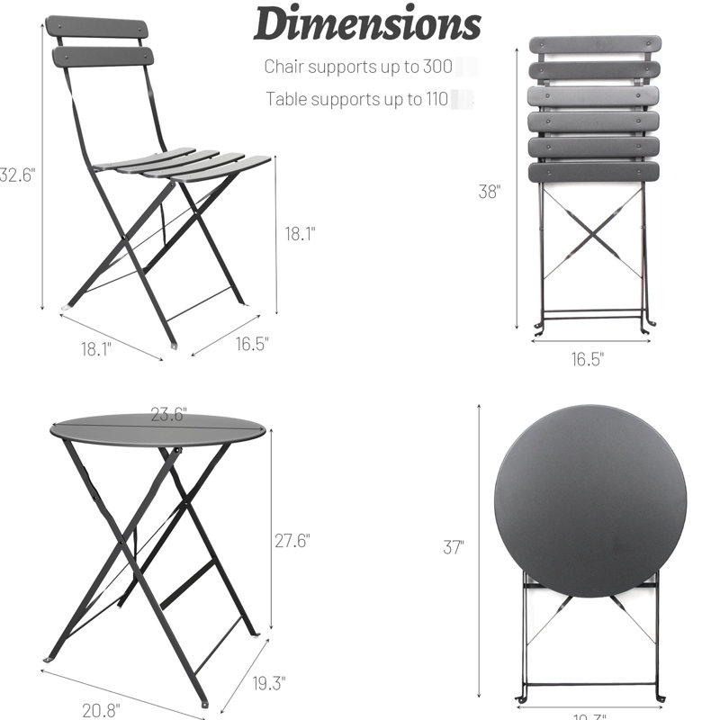 Balcon de patio bistro 3 pièces - métal gris, structure robuste en rouille, pliable pour un gain de place, élégant et confortable, coussins de décoloration, facile à installer, nettoie soigneusement la rouille et, efficacité, confort,