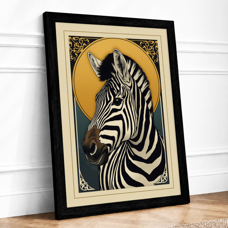Zebra in Gold Circle Art Deco - Framed Print, A4 - 29.7 x 21.0 cm, Black