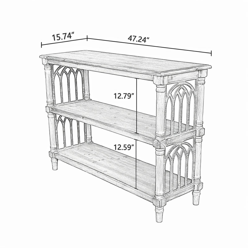 Console rustique à 3 niveaux avec détails d'inspiration gothique, table d'entrée en bois longue de 47,24 po