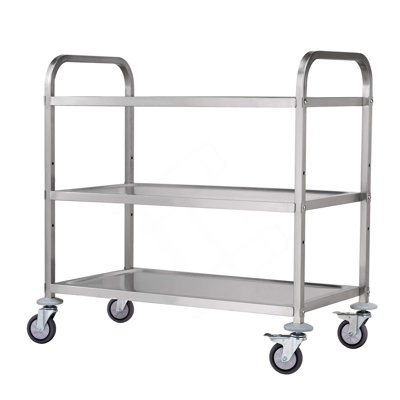 Chariot de cuisine, 3 niveaux, chariot roulant avec capacité de 450 lb, chariot de service en acier sur roulettes, chariot de rangement en métal avec doublure en PP à poignée courbée de 80 mm, 6 crochets, pour une utilisation intérieure et extérieure