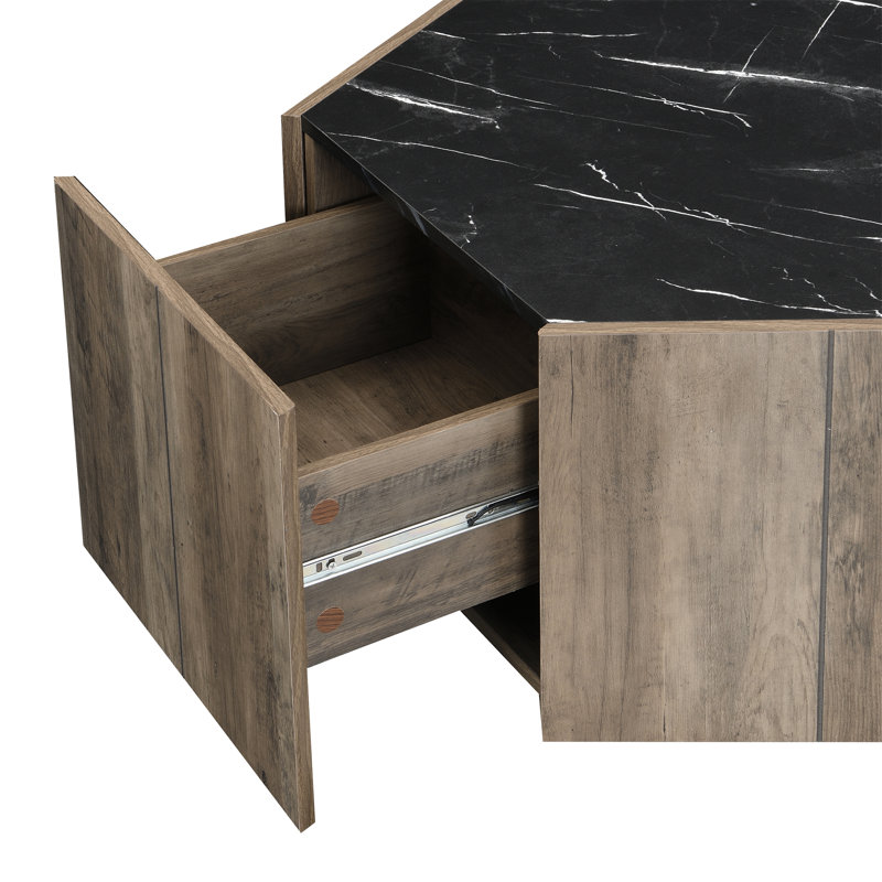 Table basse hexagonale rustique en bois rétro (table incluse seulement), Noir, Marron clair