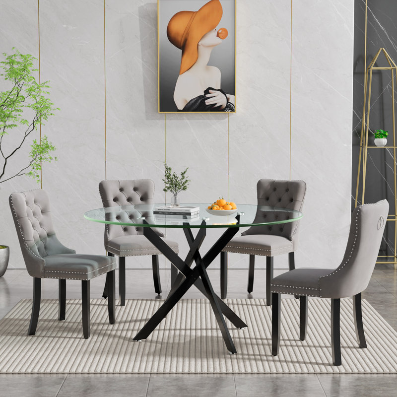 5 Piece Round Glass Dining Table Set for 4, Modern 47.25" Glass Kitchen Table, Tufted Velvet Upholstered Dining Chair, Circle Dining Table and Chairs Set for Dining Room