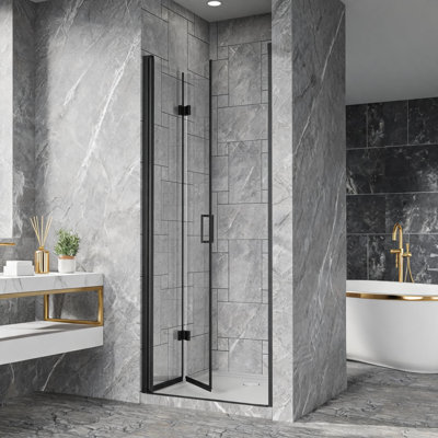 Porte de douche pivotante sans cadre en verre trempé noir de 76 cm x 183 cm avec installation réversible