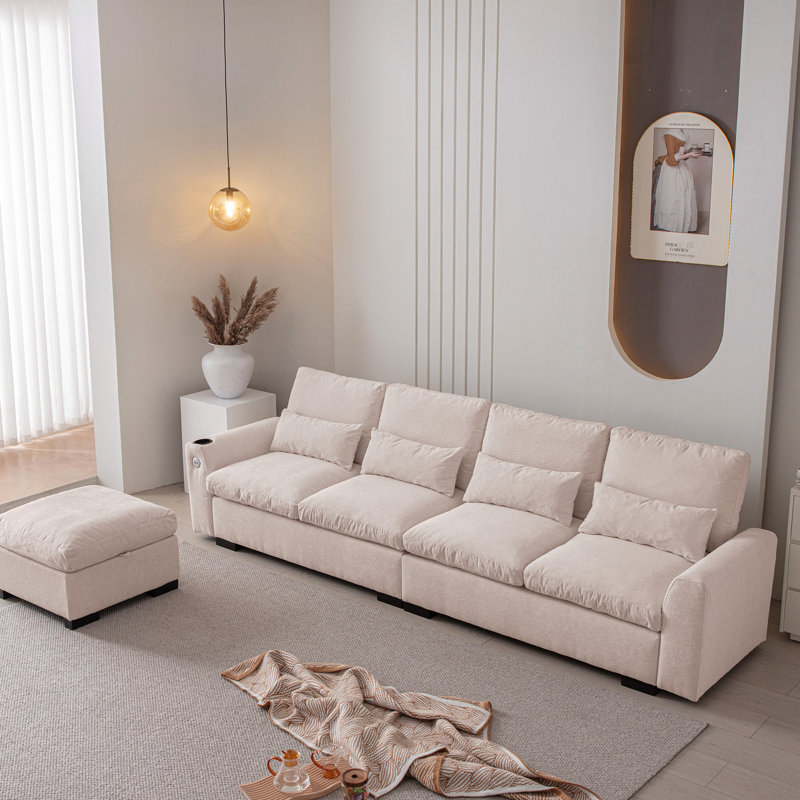 Chenille beige en forme de L de 114,5 po avec bibliothèque, rangement réversible, ports, porte-gobelet, coussins lavables amovibles, salon moderne, coussins,