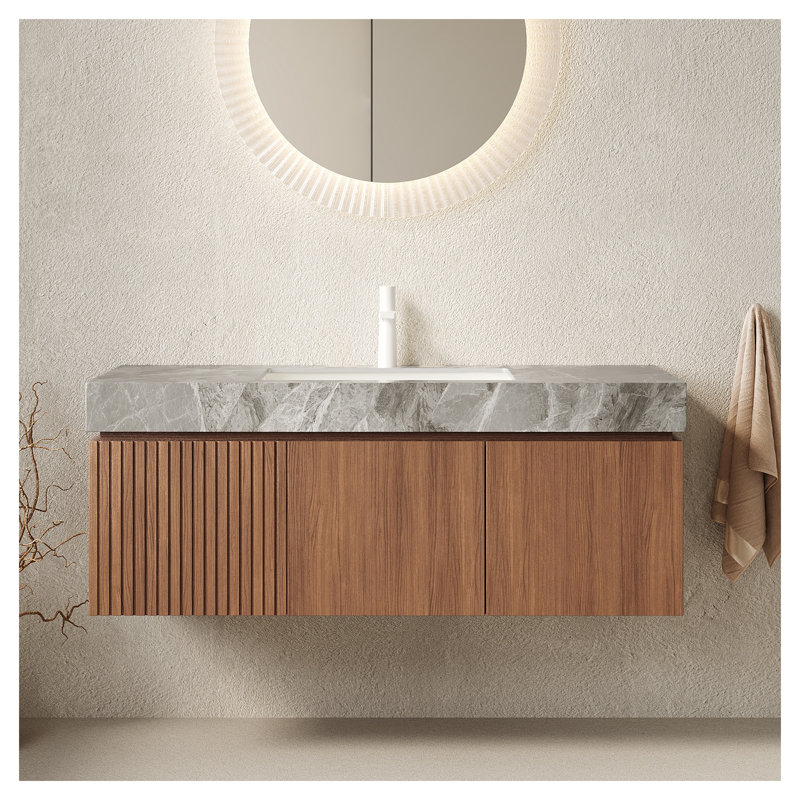 Meuble-lavabo suspendu MURI de 122 cm (48 po) avec comptoir en pierre frittée gris pâle, lavabo en céramique et armoire de rangement en contreplaqué de chêne brun