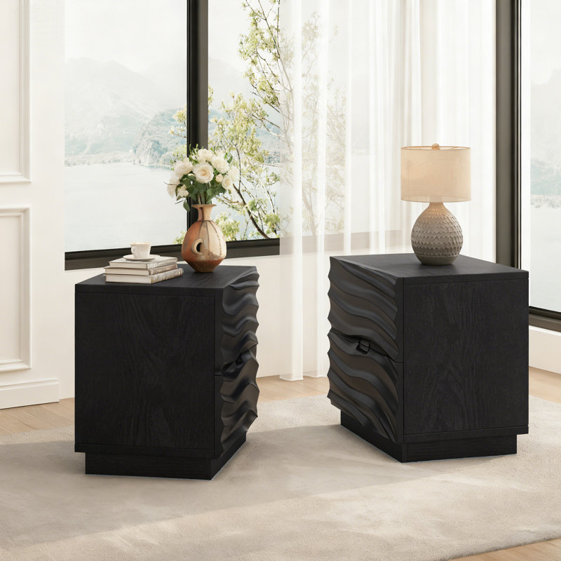 Table de chevet en bois massif avec 2 tiroirs, ensemble de 2 tables de chevet sans poignée, Ensemble de 2, Noir