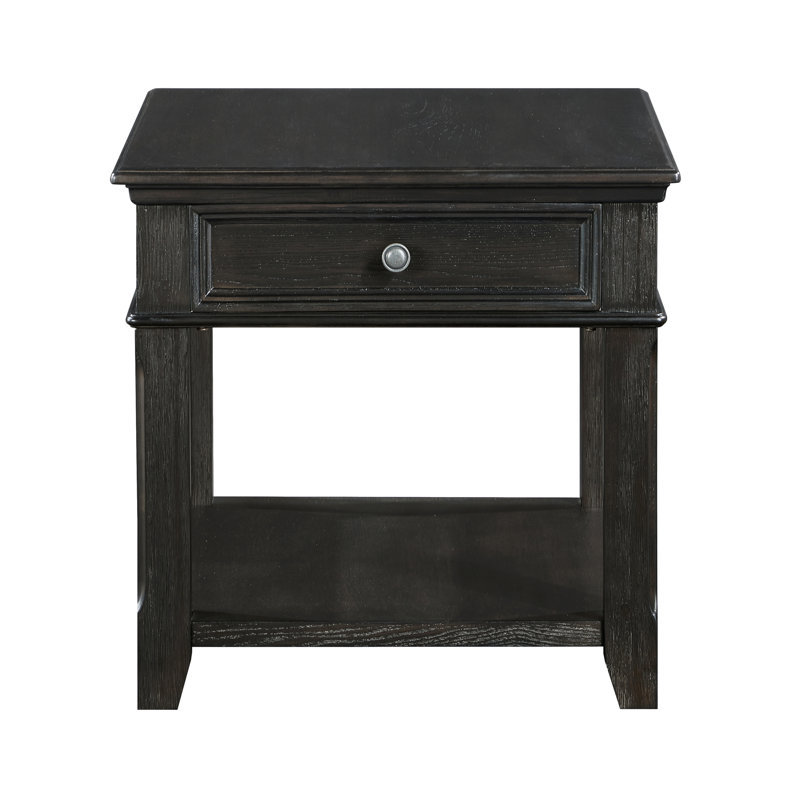 Table de bout en bois classique avec ton gris anthracite, tiroir, tablette et options de chargement