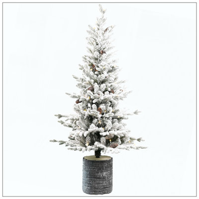 Flocked Christmas Tree With Pot Base – 30 Warm White LED Lights, 189 Tips, PE+PVC Branches With 3 Pine Cones – Small Prelit Holiday Tree For Tabletop, Entryway, Or Home Decor