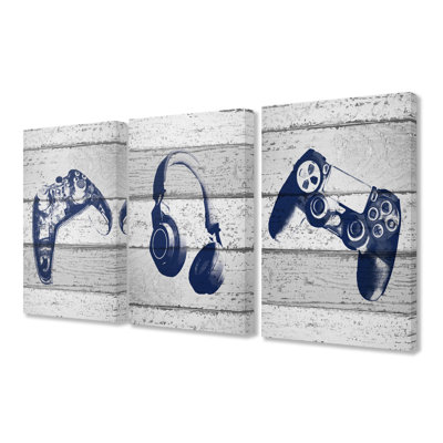 Video Gamer Trio Controllers Headset Triptych Canvas Wall Art Set by Daphne Polselli