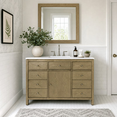 Meuble-lavabo simple 48 po avec plateau en quartz Celine, chêne clair