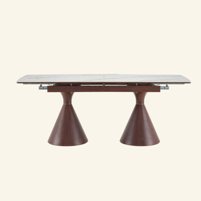 Extendable Stone-Top Dining Table: White marble-patterned tabletop with tapered metal legs. A modern, luxury-inspired rectangular dining table for hom