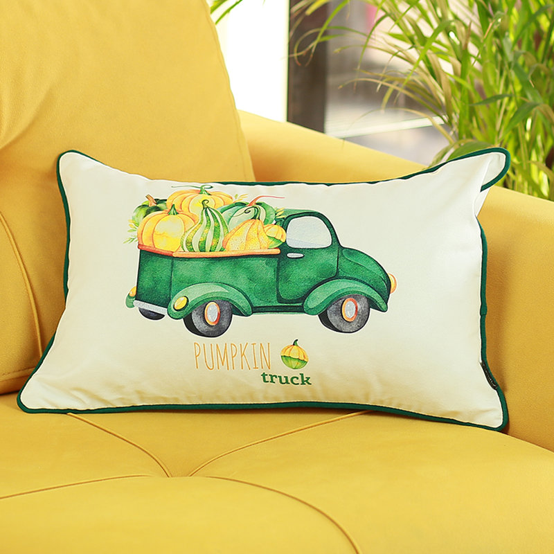 White and Green Pumpkin Truck Lumbar Pillow Cover