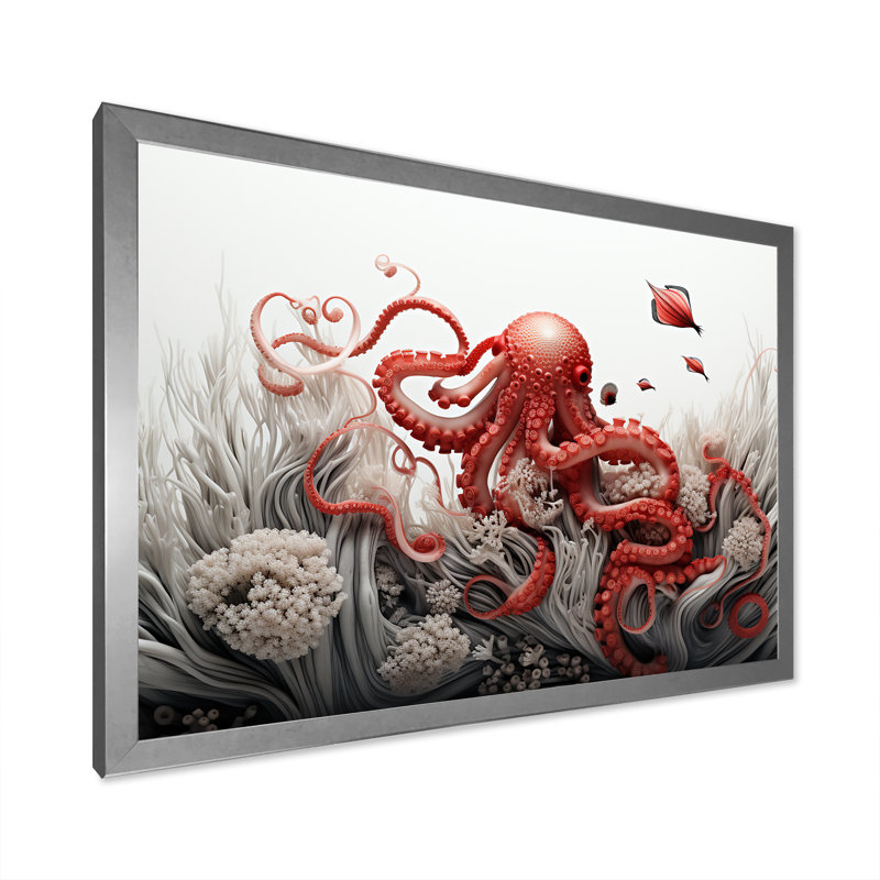 Impression sur toile monochrome corail et pieuvre grise I, Cadre simple argenté, H 24 po x l 32 po x P 1 po