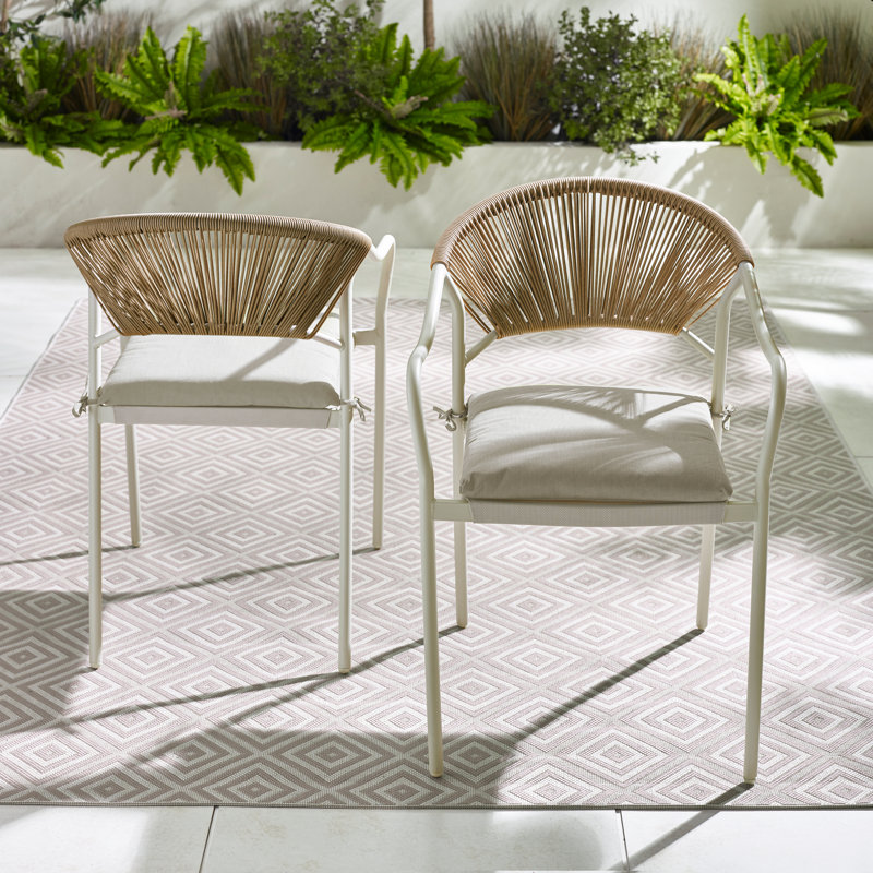 Alvino Set of Garden Dining Chairs - Metal Frame with Natural Rattan for Modern Boho Patio, Cream
