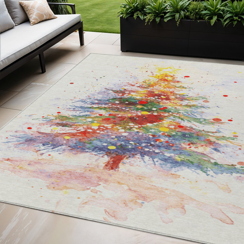 Tapis lavable intérieur/extérieur 152 x 244 cm, motif sapin de Noël ivoire, vert, violet, jaune et rose.