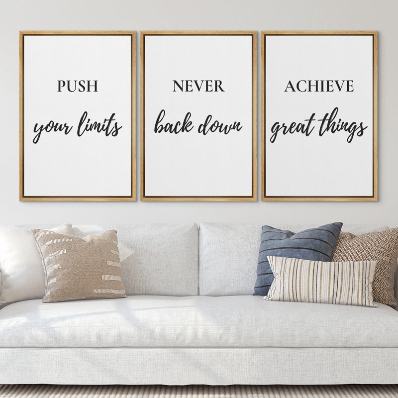 Push Never Achieve Great Things Wall Art Decor Framed On Canvas 3 Pieces Print, Natural, 36" H x 24" W
