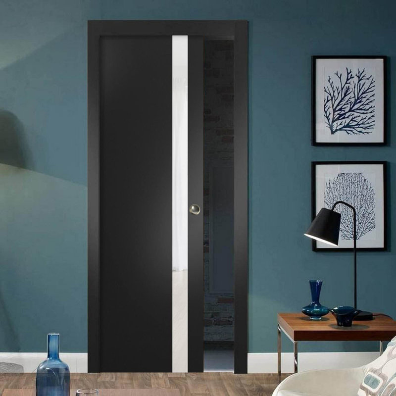 Porte coulissante 24 x 84 pouces Planum 0040 Noir mat, verre blanc, ensemble de garnitures, rail et quincaillerie en bois massif, porte robuste pour chambre à coucher intérieure