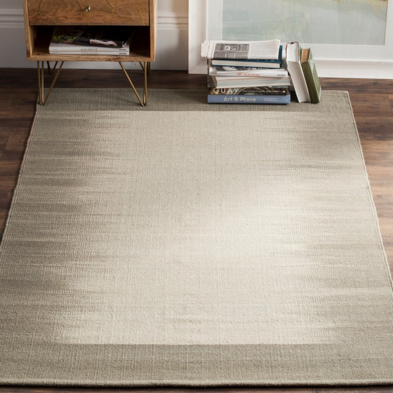 Beige and Light Green Wool Kilim 8' x 10' Area Rug