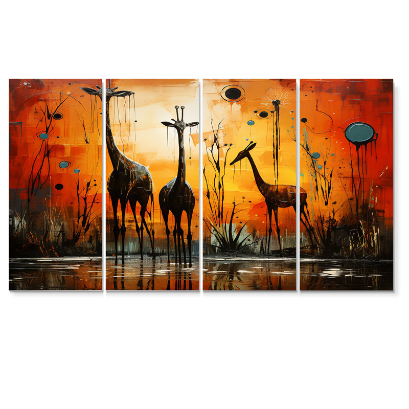 Trois girafes, savane africaine - girafe, art mural 4 pièces, H 32 po x l 64 po