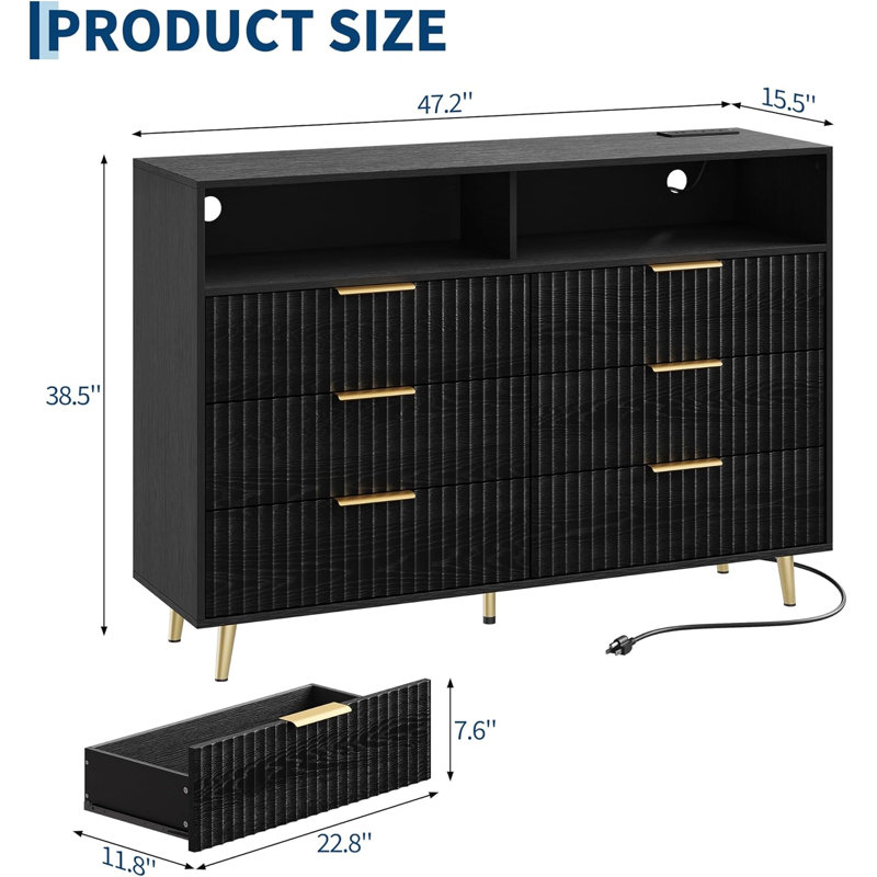 Commode 6 tiroirs cannelée pour chambre à coucher, Noir