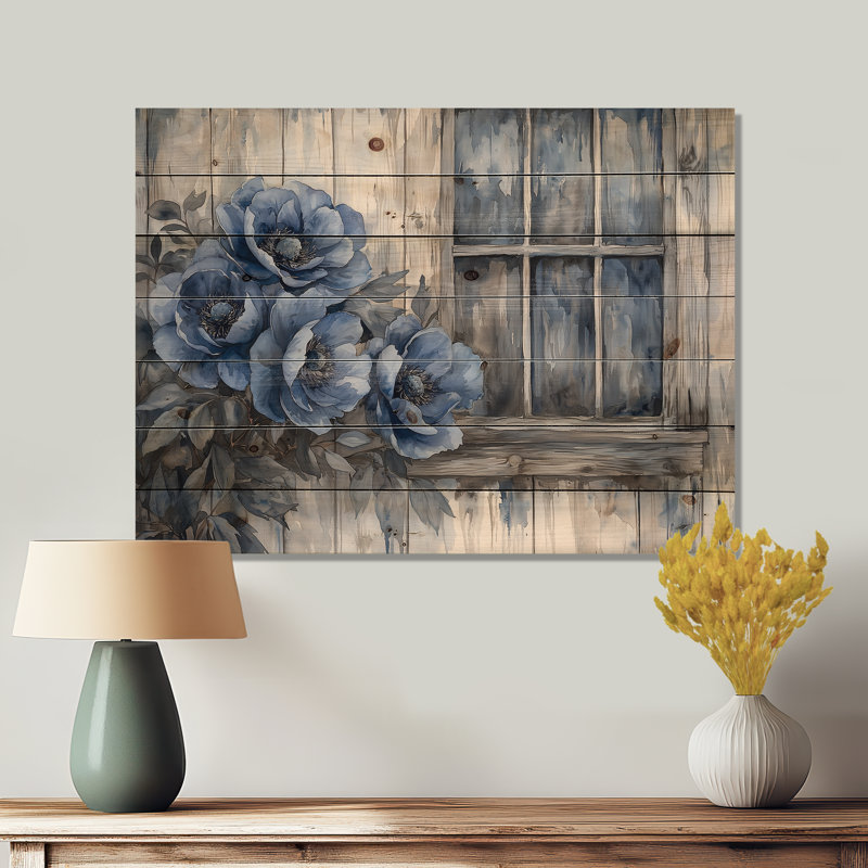 Pivoines bleues par la clôture de la ferme - Art mural en bois pivoines - sur bois de pin naturel, H 24 po x l 32 po