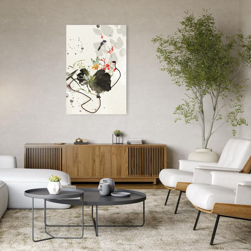 «Blossoms» et silhouette abstraite, délicat, élégant papillon, fleur de lotus, art mural, 48" H x 32" W