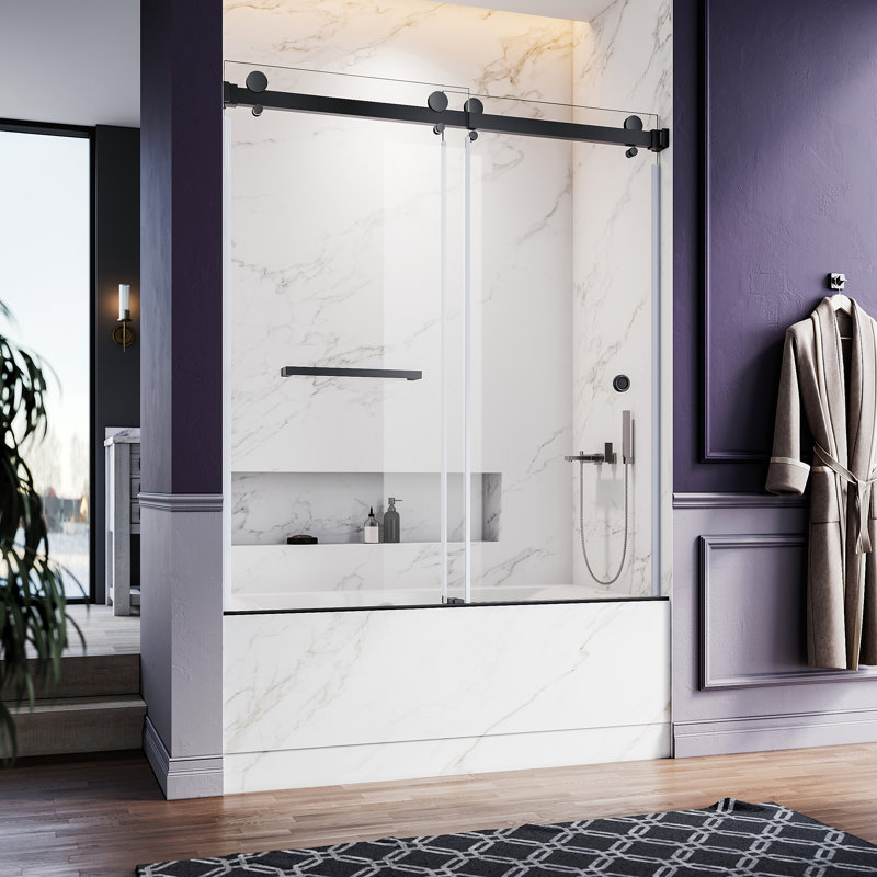 UKD01 56 to 60 in. x 66 in. H Frameless Double Sliding Shower Door with 3/8 in. (10mm) Clear Glass, Matte Black