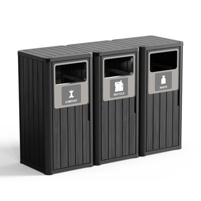 Poubelle d'extérieur 3 x 80L noire avec conception à triple seau - résistante aux intempéries, nécessitant peu d'entretien pour les patios, les jardins ou les terrasses