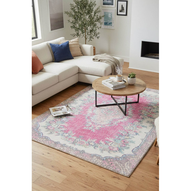 Tapis floral rose à motif tissé rétro, Rectangle 3 pi 10 po x 5 pi 3 po