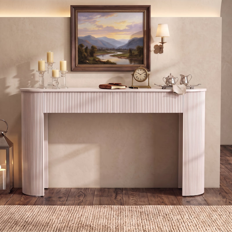 Table de hall d'entrée cannelée blanc champagne, console de rangement ovale avec 2 tiroirs pour le couloir